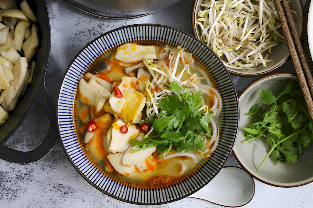 Enjoy vegan Bun Bo Hue with delicious chewy noodles and authentic Hue broth